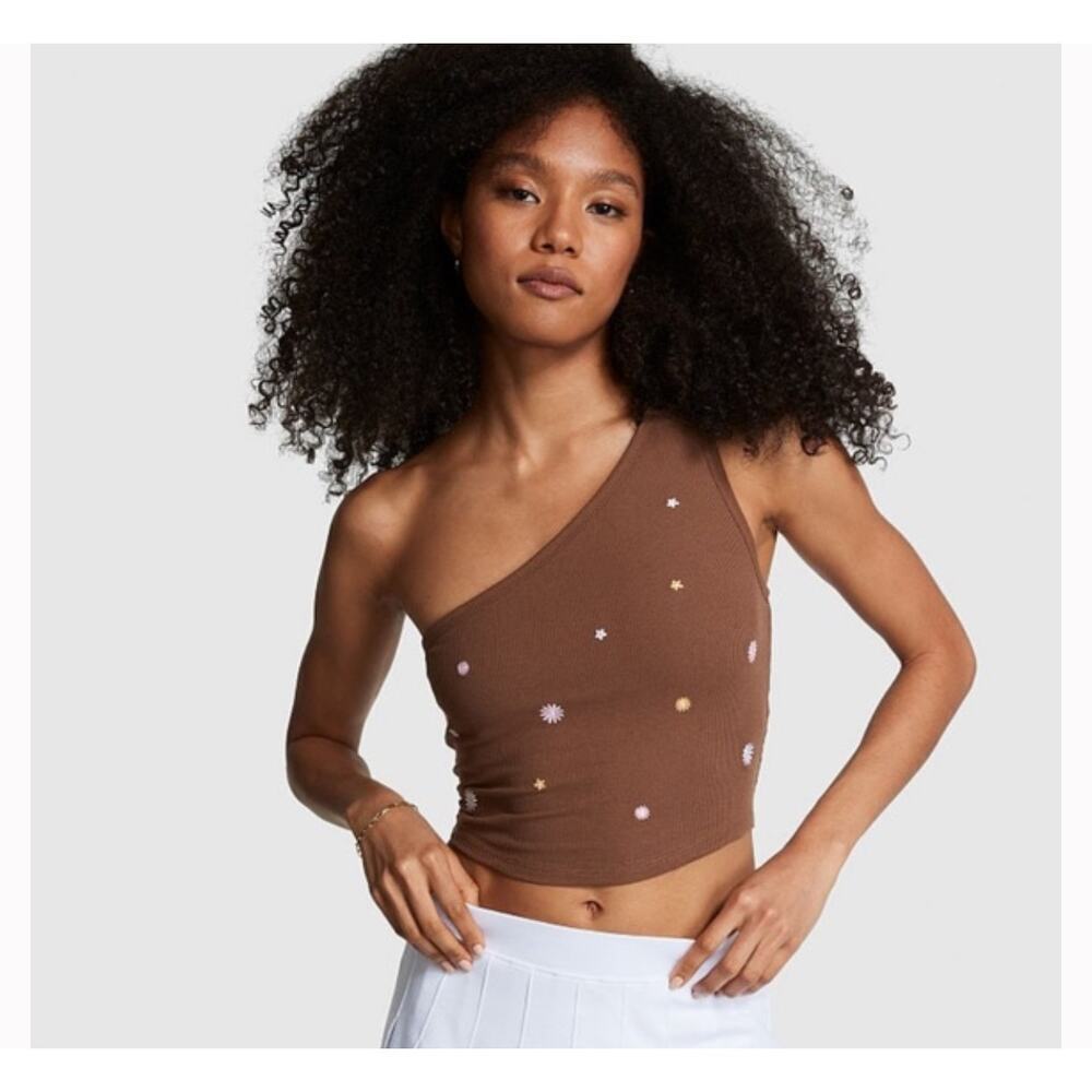 Victoria Secret Brown One Shoulder Ribbed Floral Cropped Tank Ditsy‎ Soft Sz XXL